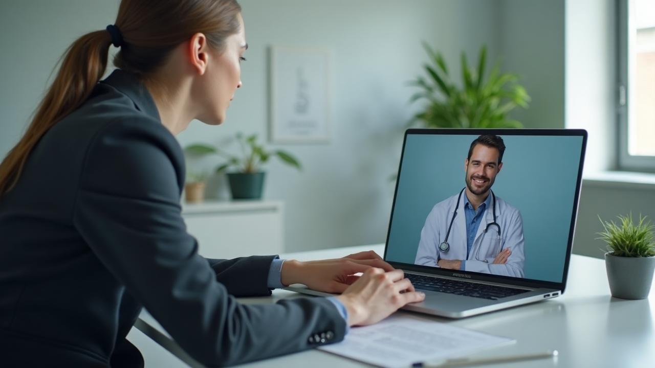 Licensed physician conducting a private telehealth consultation for an executive client